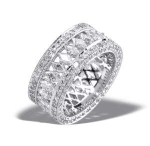platinum diamond eternity ring with 25 custom cut diamonds and round brilliant diamonds