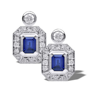 platinum emerald cut sapphire round brilliant diamond ear rings - hand engraved