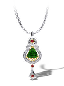 Platinum 18kt trillion cut chrome tourmaline, ruby, and diamond pendant