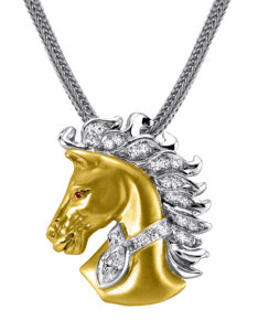 14 kt two-tone gold horse pendant with 1 ct marquise cut diamond and accenting ruby and round brilliant diamonds with satin finish