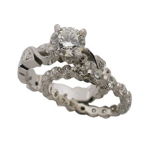round brilliant diamond platinum wedding set filigree hand engraved
