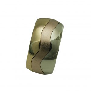 wide 18kt tri-color gold men's wedding band with satin and polish finish