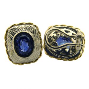 platinum and 18kt yellow gold oval blue sapphire hand engraved earrings - western designs