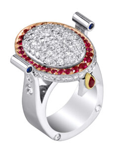 platinum and 18kt rose gold pave diamond fashion oval ring with accenting rubies sapphires and round brilliant diamonds