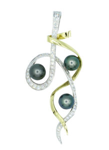 custom jewelry - platinum 18kt yellow gold tahitian pearl and diamond free form pendant