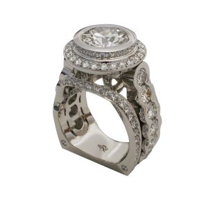 platinum round brilliant diamond full-bezel double halo engagement ring cathedral style heavy european shank