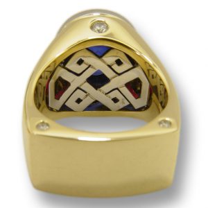 platinum and yellow gold men's ring under gallery geometric design with diamonds