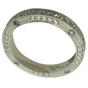 platinum white and blue diamond bead set wedding band hand engraved
