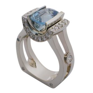platinum cushion cut aquamarine and diamond ring with u-shaped setting