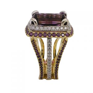 18kt two-tone fancy cut amethyst ring with purple and white diamonds