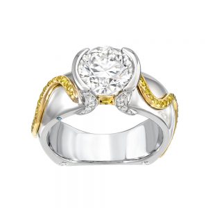 platinum with 18kt yellow gold round brilliant diamond half-bezel engagement ring with yellow diamond