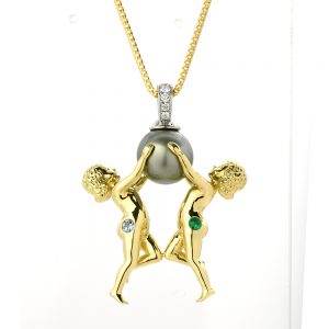 18 kt and platinum tahitian pearl pendant with gemini twins and birthstones & diamonds