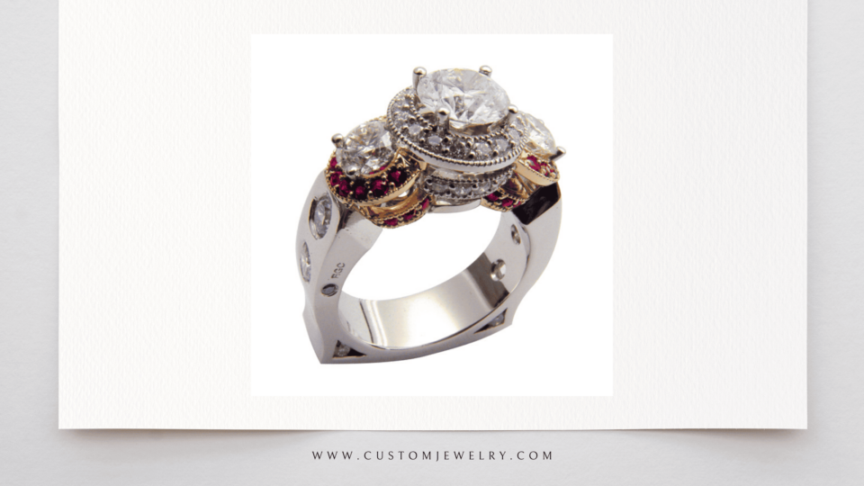 round brilliant diamonds halo engagement ring - platinum and 18kt rose gold - accenting rubies and round brilliant diamonds