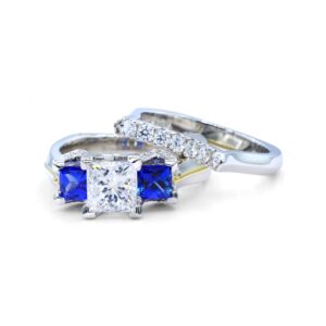 platinum 18kt yellow gold three stone princess cut diamond sapphire wedding set